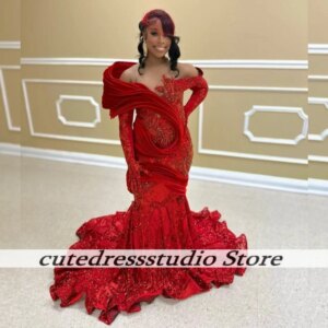 Red Sequins Mermaid Prom Dress 2025 For Black Girl Glitter Beads Crystals Rhinestones Diamonds Birthday Party Dress Customized
