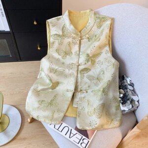 Gold jacquard stand collar new Chinese waistcoat female national style camisole vest