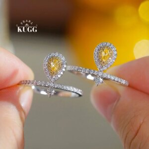 KUGG 100% 18K White Gold Rings Real Natural Yellow Diamond Engagement Ring for Women Elegant INS Style High Party Jewelry