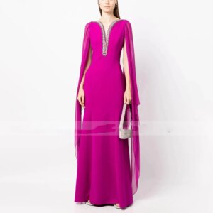 Evening Dress Crystal V Neck Trumpet/Mermaid Evening Gowns for Women 2024 Cloak Sleeves Floor Length Wedding Party Dress