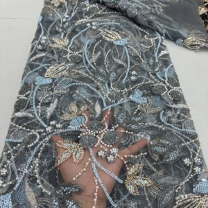 African Lace Fabric 2025 Handmade Beaded Lace Fabric France Sequins Nigerian Embroidery Bridal Mesh Lace Fabric For Sewing