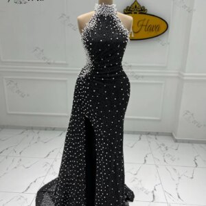 Formal Evening Black Dresses with White Pearls Sleeveless Slit Mermaid Prom Dresses Celebrity Occasion Gowns vestido festas luxo