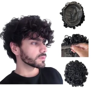 Indian Virgin Human Hair Replacement 16mm Curl #1A Black Color 8×10 BIO Toupee Front Lace Unit for White Men