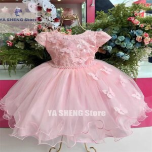 Pink Princess Flower Girl Dress A-Line O-Neck 3D Flowers pleats Sleeveless Kids Birthday Party First Communion Wedding Gown