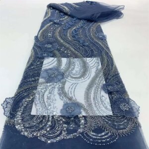5 Yards Luxury African Sequins Beaded Laces Tulle Fabrics 2024 French 3D Flowers Embroidered Applique Fabric For Bridal Material