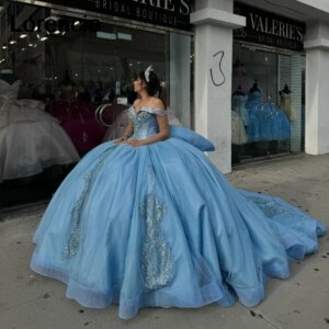 Lorencia Gillter Blue Quinceanera Dress Ball Gown Lace Applique Beading With Bow Long Sleeve Sweet 16 Vestidos De 15 Años YQD750