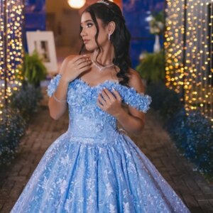 Customized Shiny sky blue Off Shoulder Quinceanera Dress sequin applique 3D flower Lace Long tail vestidos de 15 Quinceanera