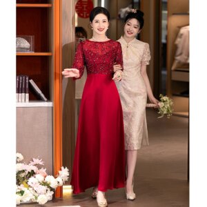 Wine Red Mother Of The Bride Dresses With Handmade Beads Elegant  A-Line Tea-Length Women Formal Evening Gowns For Wedding Party