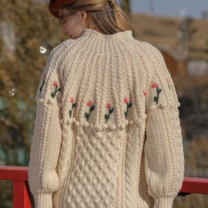 112cm Bust Fall Winter Long Pullovers Wool Sweater Women Elegant Stand Collar Handmade Embroidery Thick Warm Loose Twist Sweater