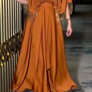 Women 2024 Vintage A-Line V Neck Half Sleeves Prom Dresses Tassels Beadings Pleated Ankle Length Formal Party Dresses