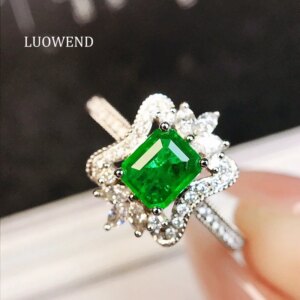 LUOWEND 100% 18K White Gold Rings Luxury Diamond Jewelry Natural Emerald Engagement Ring for Women Romantic Style Wedding Party