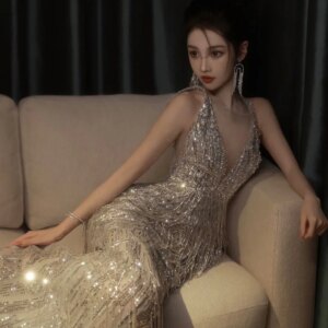Sliver Sequin Long Prom Gowns Mermaid Shinny Tassels Sexy V Collar Senior Wedding Toast Banquet Bridal Party Evening Dresses