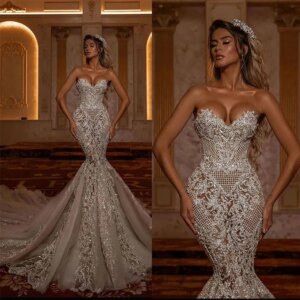 Exquisite Strapless Mermaid Wedding Dress Sweetheart Sequined Lace Arabic Sweep Floor Trumpet Bridal Party Gowns Robe De Soiree
