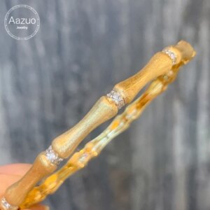 Aazuo 18K Yellow Gold Real Diamonds Luxury Jewerly Fashion Bamboo Bangle Gifted For Women Engagement Halo anillos mujer Party