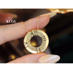 KUGG 18K Yellow Gold Necklace Fashion Roman Circular Shape 0.20carat Real Nartural Diamond Necklace for Women Wedding Jewelry