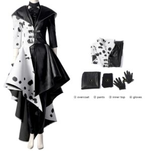 Halloween Costume Party Trendy Movie Kruela Cosplay Costume Evil Queen Emma High-Quality Black And White Party Dress Coat Pants
