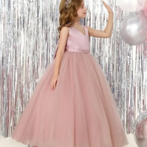 Princess Dresses for Girls Satin Tulle Flower Girl Tutu Dress for Wedding Formal Holiday First Communion Dress with Bow Pageant