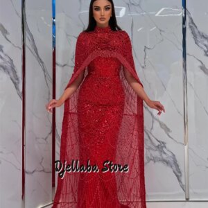 Luxury Saudi Arabia Red Beaded Lace Evening Dresses 2005 With Cape Crystal Prom Dresses Dubai Wedding Party Dress Customized