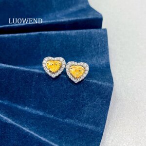LUOWEND 100% 18K White Gold Earrings Real Natural Yellow Diamond Earrings for Women Elegant Heart Design High Wedding Jewelry