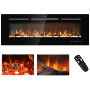 48″ Electric Fireplace Insert Wall Mount Linear Heater with Thermostat Remote Touch Black Glass Metal Firebox DIY Flame Color