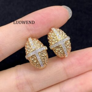 LUOWEND 100% 18K Yellow Gold Earrings Women Real Natural Diamond Hoop Earrings Luxury Honeycomb Shape High Party Jewelry