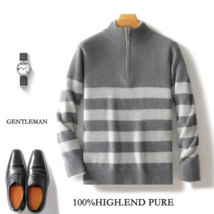 Loose casual plus size wool sweater half zipper contrast color striped mock-neck men’s long sleeve sweater