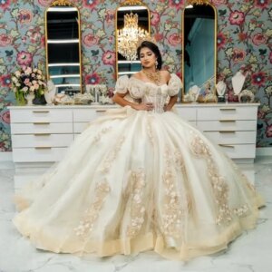 Customized ivory Off Shoulder Quinceanera Dress beads sequin applique crystal Lace flower vestidos de 15 Quinceanera