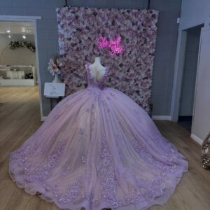 EVLAST Customized Glitter Lilac Quinceanera Dress Ball Gown 3D Floral Lace Applique Beaded Sweet 16 Vestidos De 15 Anos SQ797