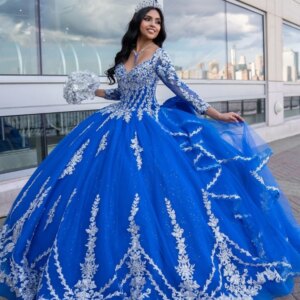 EVLAST Customized Royal Blue Quinceanera Dress Ball Gown White Lace Applique Beading Sweet 16 Vestido De 15 Anos TQD436