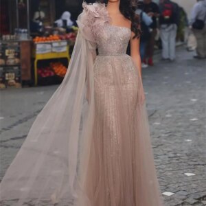 Sexy One Shoulder Sleeve Evening Dress 2025 Elegant Beaded Bridal Dress Charming Customized Floor Length Gown Vestido De Novia