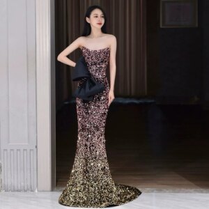 Sexy Bridesmaid Dresses Bow Sleeveless Sequins Gradient Saudi Arabic Woman Long Evening Ceremony Formal Occasion Party Gowns