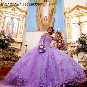 EVLAST Customized Luxury Lavender Ball Gown Quinceanera Dress 3D Floral Applique Beaded Cape Sweet 16 Vestidos De 15 Anos E1Q619