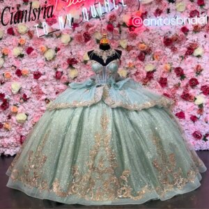 Mint Green Beading Crystal Ruffles Quinceanera Dresses Ball Gown Gold Appliques Lace Sweet 15 Años Mexican Customized