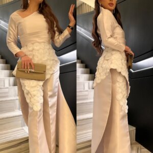 Customized Prom Formal V-Neck A-line Beading Appliques Pleat Floor-Length Satin Bespoke Occasion Dresses Evening