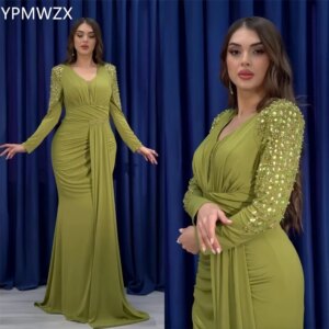 Customized Prom Gown Evening Women YPMWZX V-neck Mermaid Floor Length Skirts Bead Ruffle Bespoke Occasion Dresses Formal Dress
