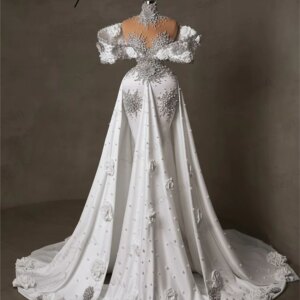 New Elegant White Mermaid Evening Dresses African Off Shoulder Formal Occasion Dress Beading Crystals Birthday Party Dress Robes