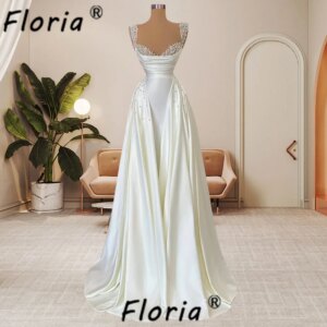 Elegant Ivory Satin Wedding Dress Pearls Spaghetti Strap Formal Evening Dresses with Overskirt vestidos de gala 2024 Bride Gowns
