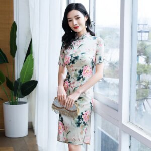 Cheongsam Qipao Women Dress Summer New Ethnic Style Stand Collar High Quality Real Silk Mid-Length Printing Improved
