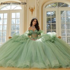 EVLAST Customized Mint Green Quinceanera Dress Ball Gown Lace Applique Beading Tiered Corset Sweet 16 Vestido De 15 Anos QD1128