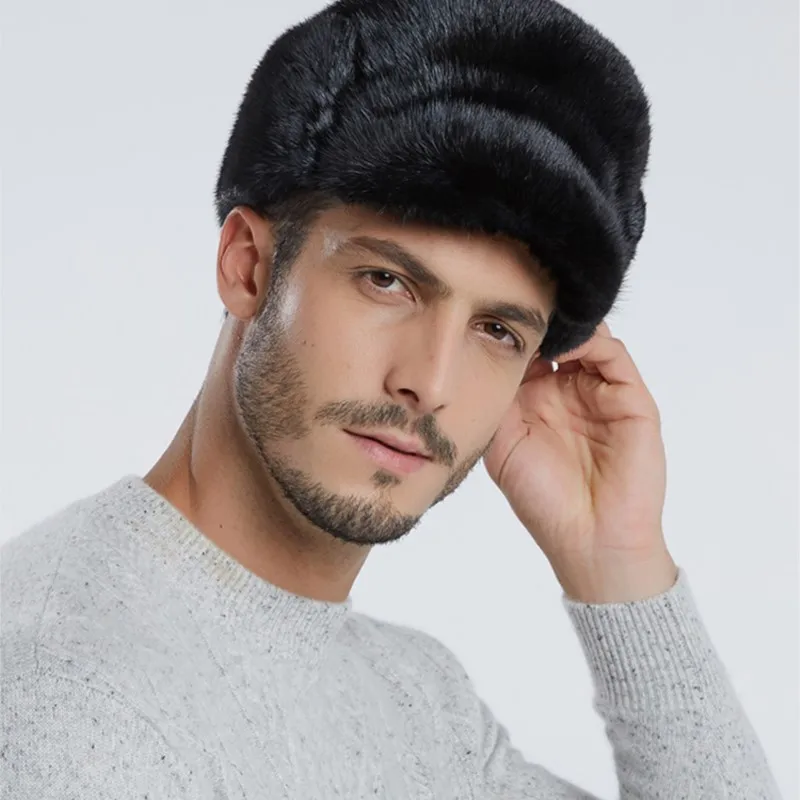 Leather men's old warm ear Lei Feng hat real fur cotton