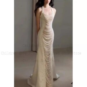 Long Halter Vestidos Lady Luxury Pearl Tassel Dresses Party Robe De Soiree Tailing Banquet Dress Sexy Chesongams Women Vestido