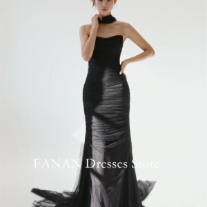 FANAN Mermaid Evening Party Dresses Tulle Korea Black Ruched Strapless Wedding Women Gowns Event Prom Gowns Customized