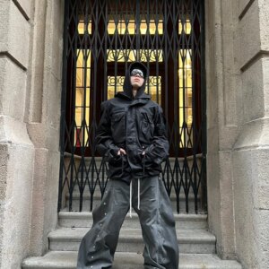 Washed Old Dirty Dyed Profile Double Breasted Gray Straight Wide Leg Workwear Denim Trousers Loose Men