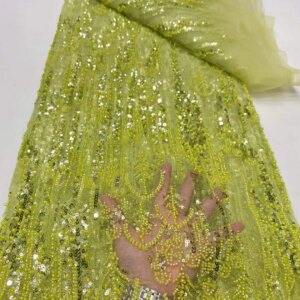 2025 France High-End Luxury Elegant Green Handmade Beaded Lace Fabric Nigerian With Sequins Mesh Lace Fabric For Wedding Dresses