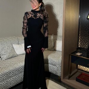 Customized Exquisite Black Jersey Evening Dress Temperament Lace Crystal Crew Neck Long Sleeves Girdling Bespoke Occas