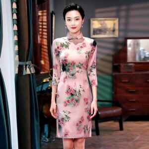 Cheongsam Qipao Women Dress Spring New High Quality Real Silk 3/4 Sleeve Temperament National Style Improved