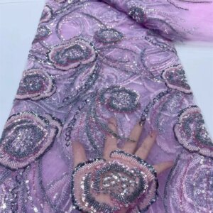 Luxury Handmade Wedding Beaded Lace Pink Nigerian Lace Fabrics 2024 African Lace Fabric 5 Yard African Fabric For Wedding A481-1
