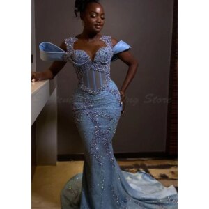 2025 Popular Evening Party Prom Dresses Girls Off The Shoulder Mermaid Sleeveless Floor Length Sweep Train Sparkle Crystal Gowns