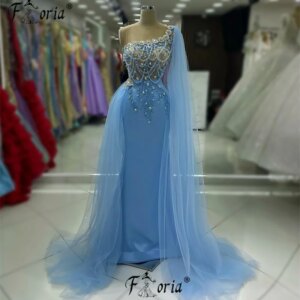 Arabic Woman Blue Tulle Formal Occasion Dress With Overskirt vestidos fiesta Beads Tassel Crystals Mermaid Evening Party Dresses