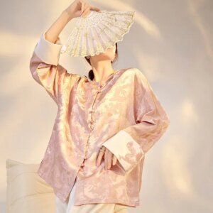 New Chinese style jacquard embroidery dragon acetic acid shirt pink light luxury temperament long-sleeved blouse